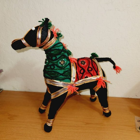 VTG India Folk Art Horse Hand Woven Fabric Mirrors Beads BOHO Rajasthan 12